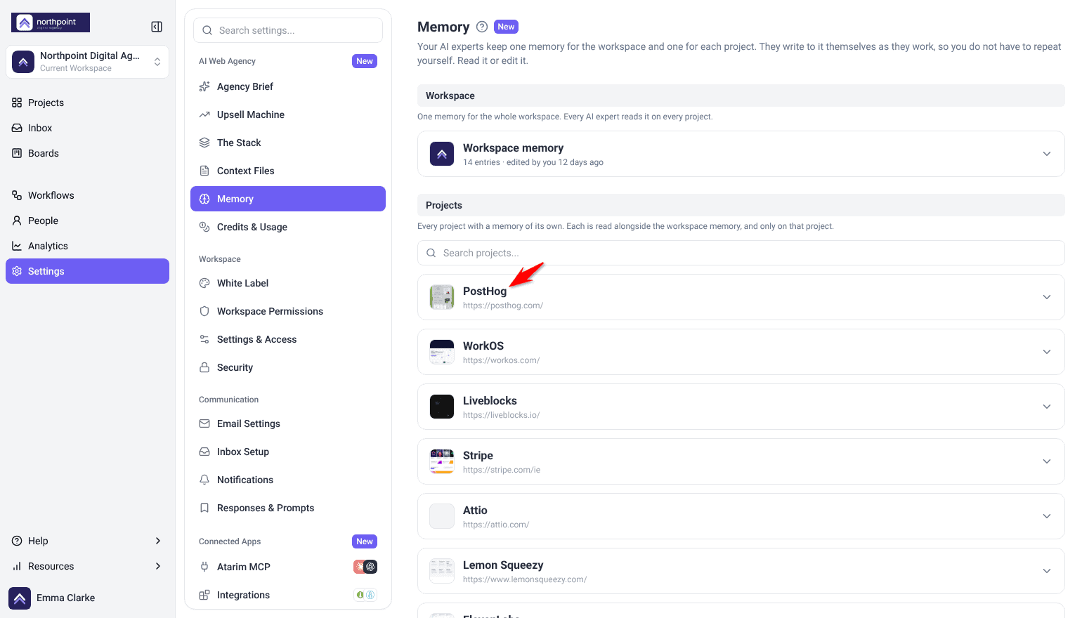 Memory settings with the workspace memory at the top and each project's memory listed below