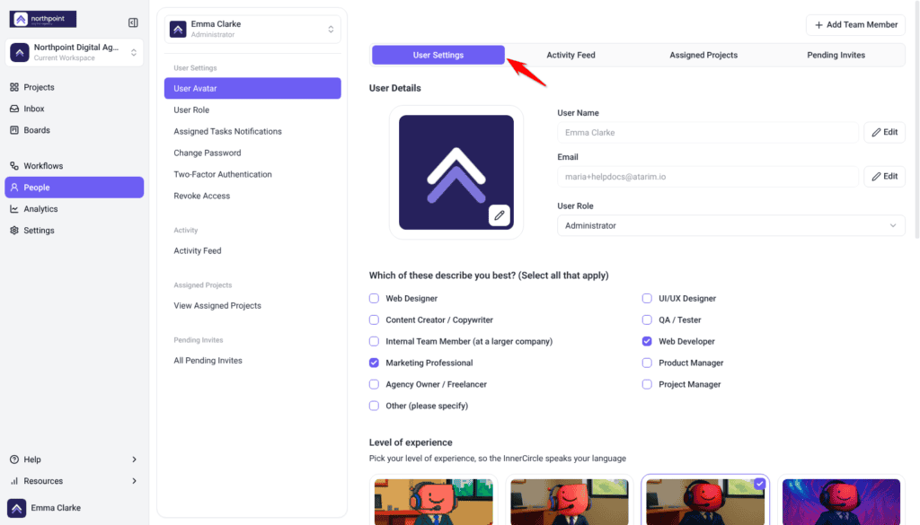 Your own user record under People, on the User Settings tab beside Activity Feed, Assigned Projects and Pending Invites
