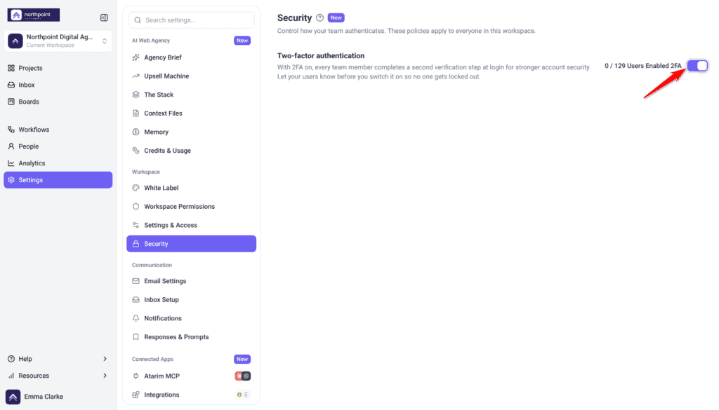 Security settings with the Two-factor authentication switch and how many users have it turned on
