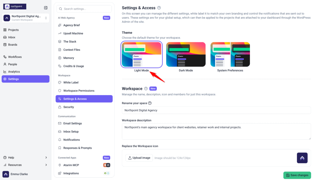 Settings & Access with the Theme choice and the workspace name, description and icon