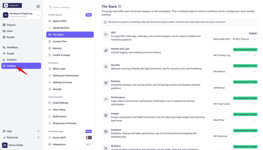 Settings screen with the section menu on the left and The Stack open