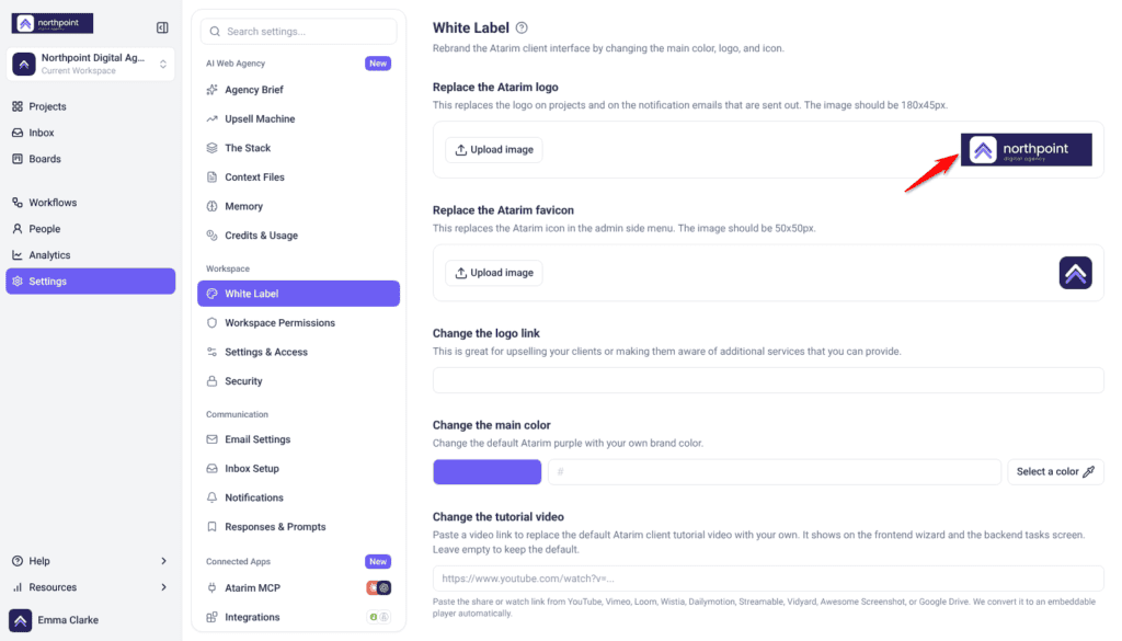 White Label settings with the agency logo and favicon uploaded