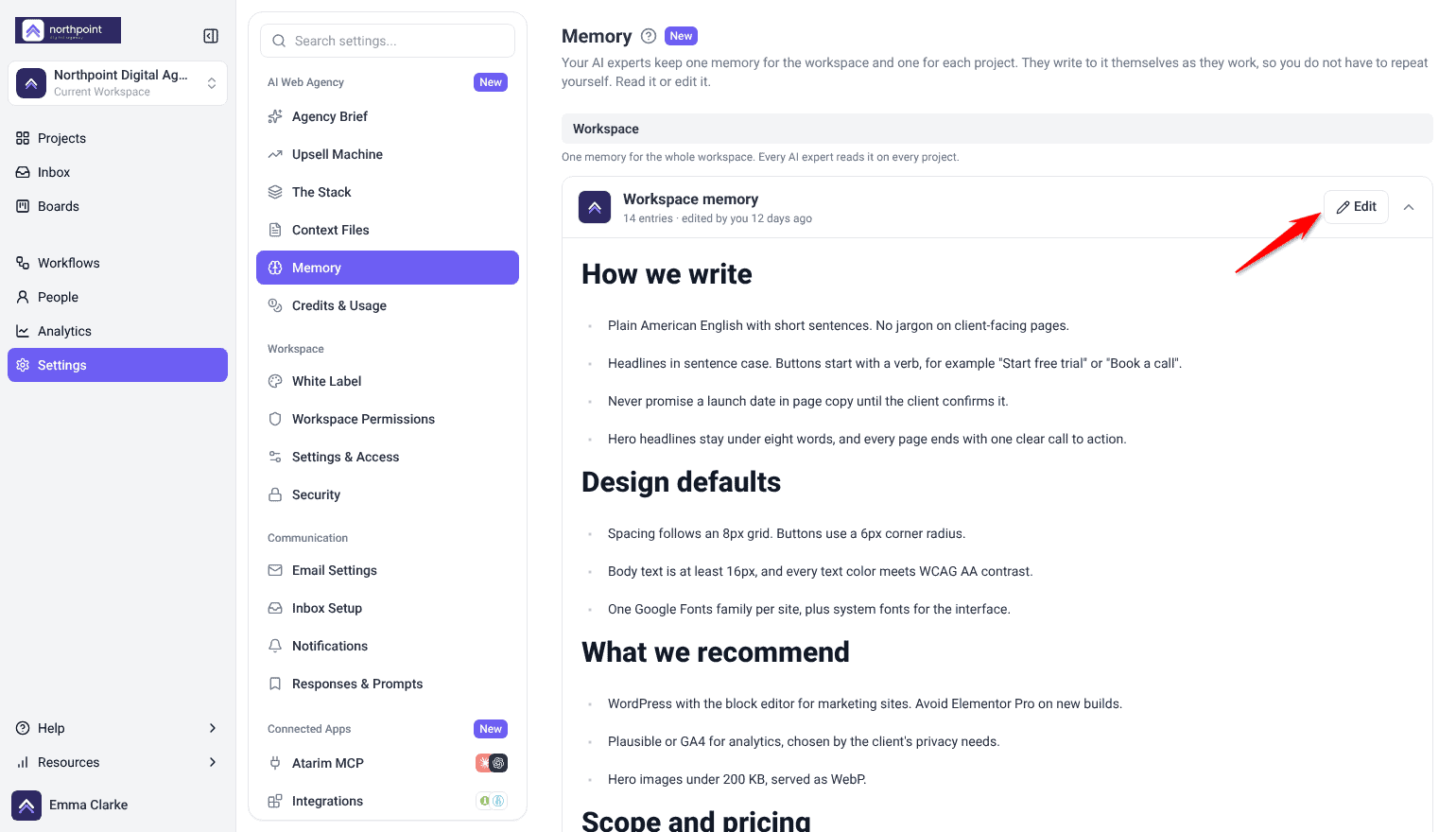 Workspace memory open, with entries grouped under headings and the Edit button highlighted