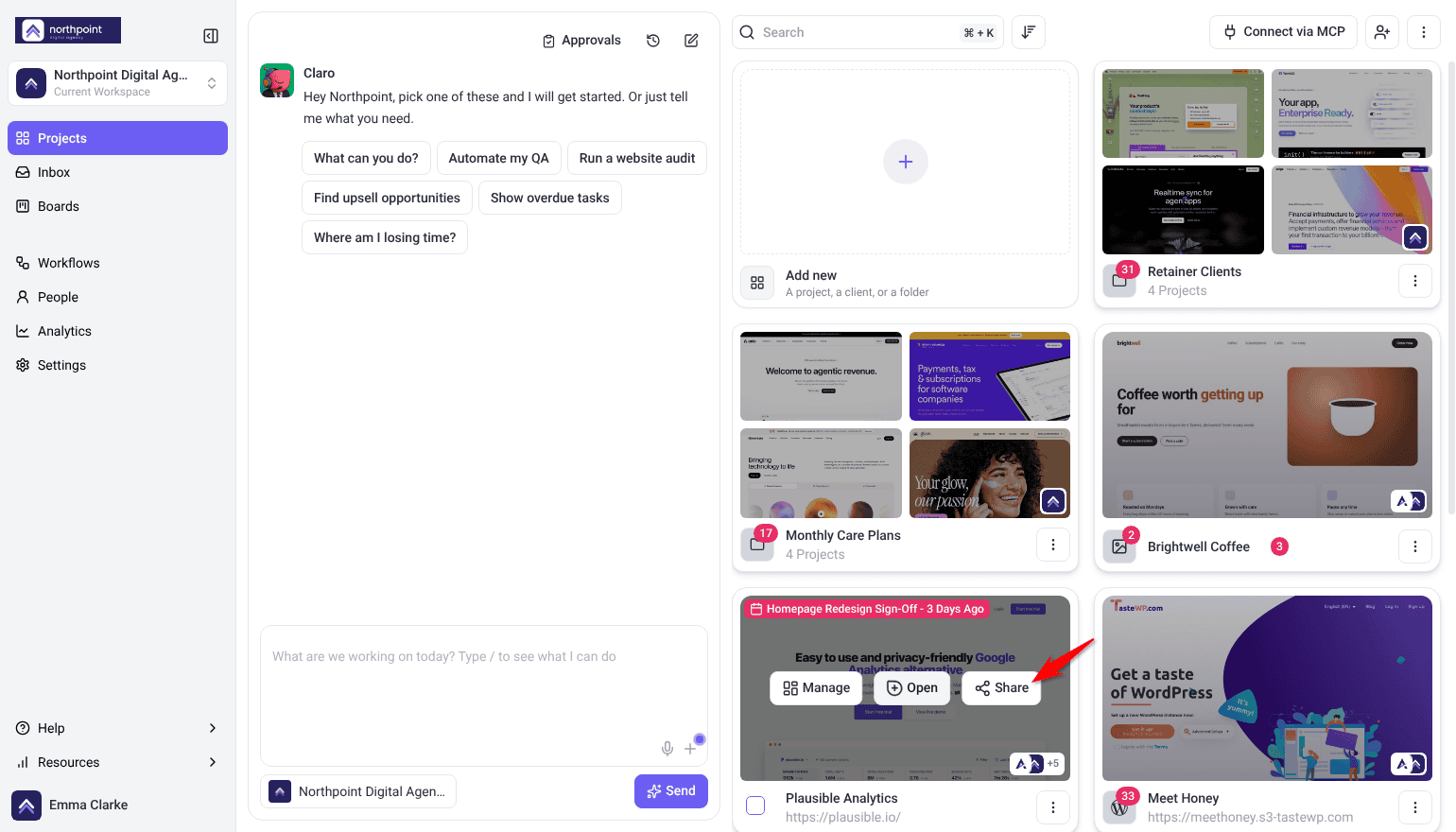Projects screen with the Plausible Analytics card hovered and its Share button highlighted