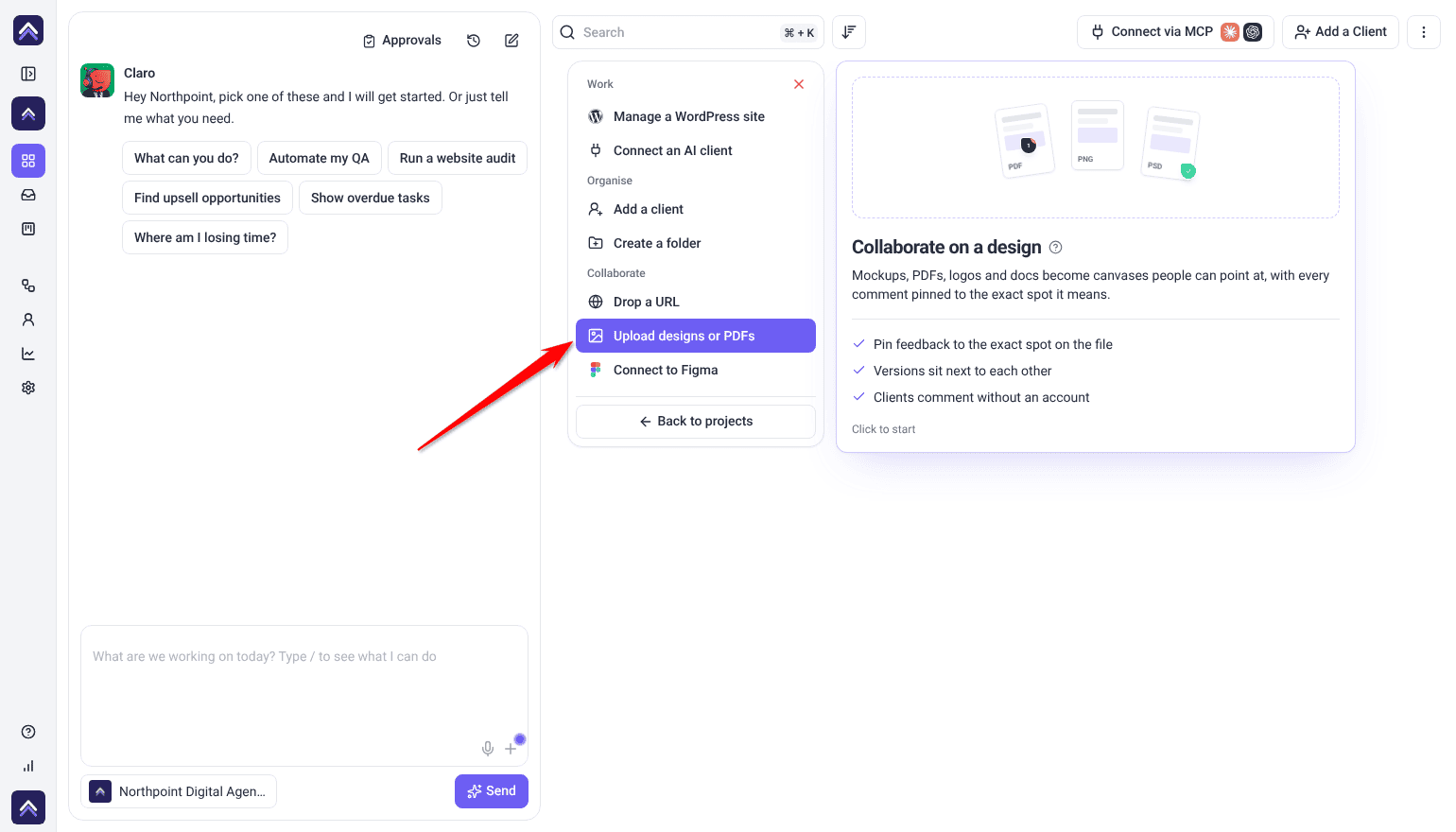 Add new menu with Upload designs or PDFs selected and its Collaborate on a design panel