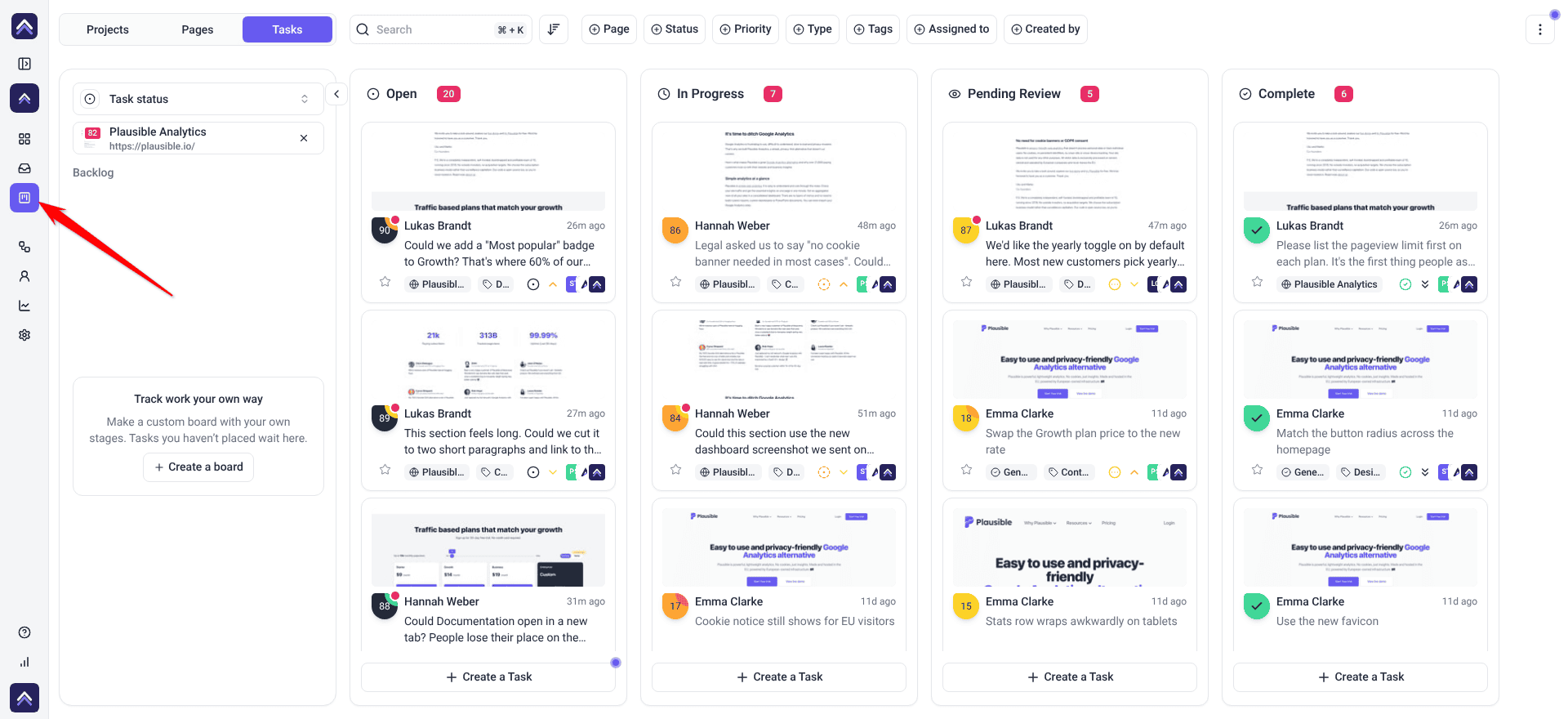Task status board for Plausible Analytics with Boards selected in the left sidebar