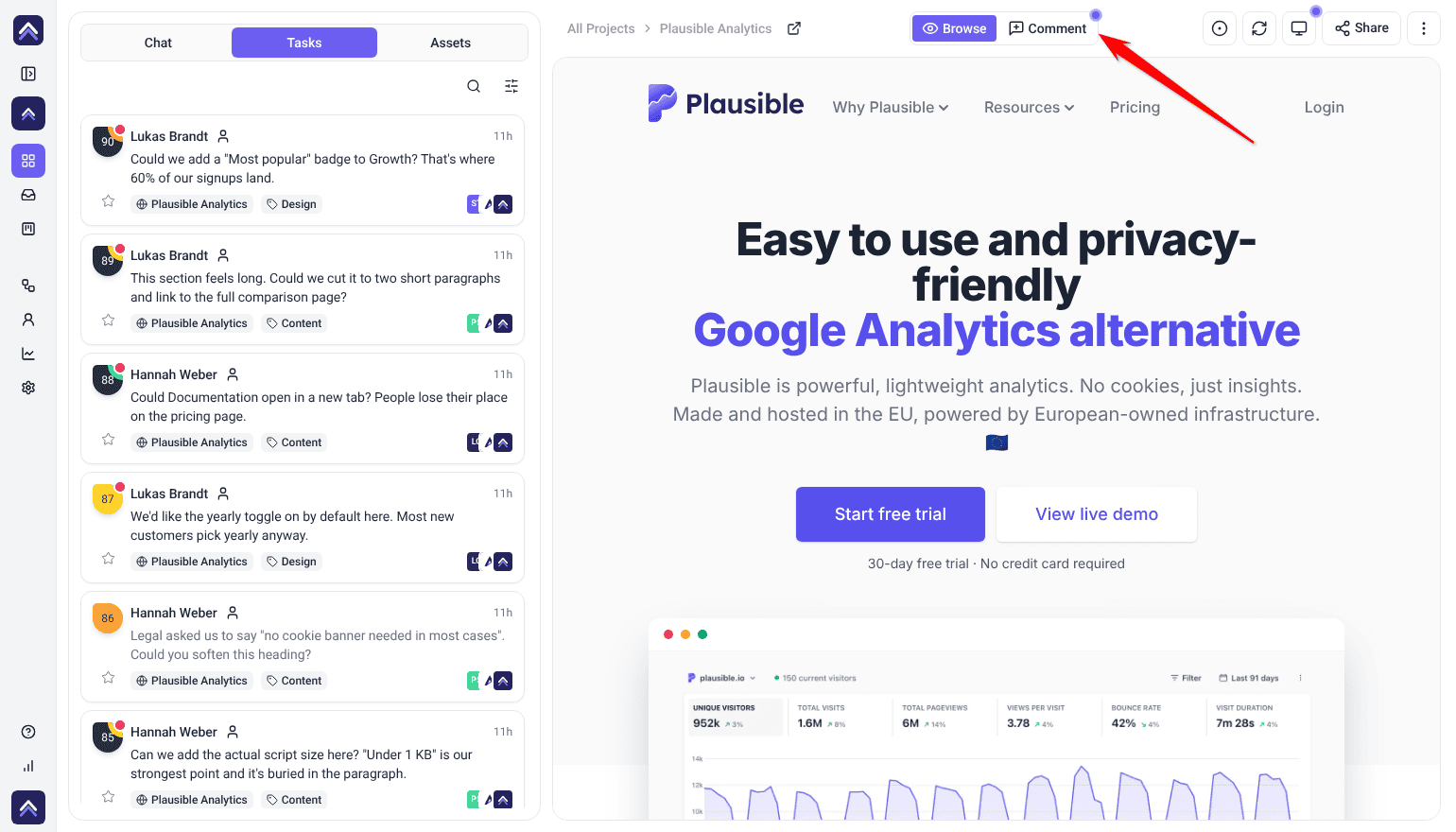 Plausible Analytics open in place with the Browse and Comment toggle in the bar above the page