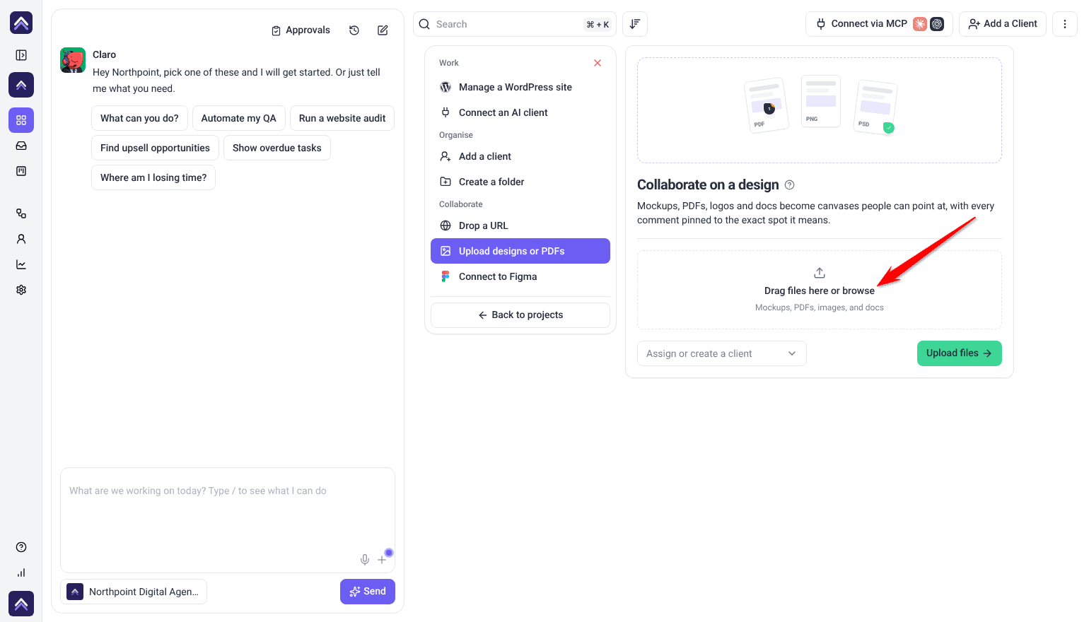Collaborate on a design panel with the Drag files here or browse drop zone