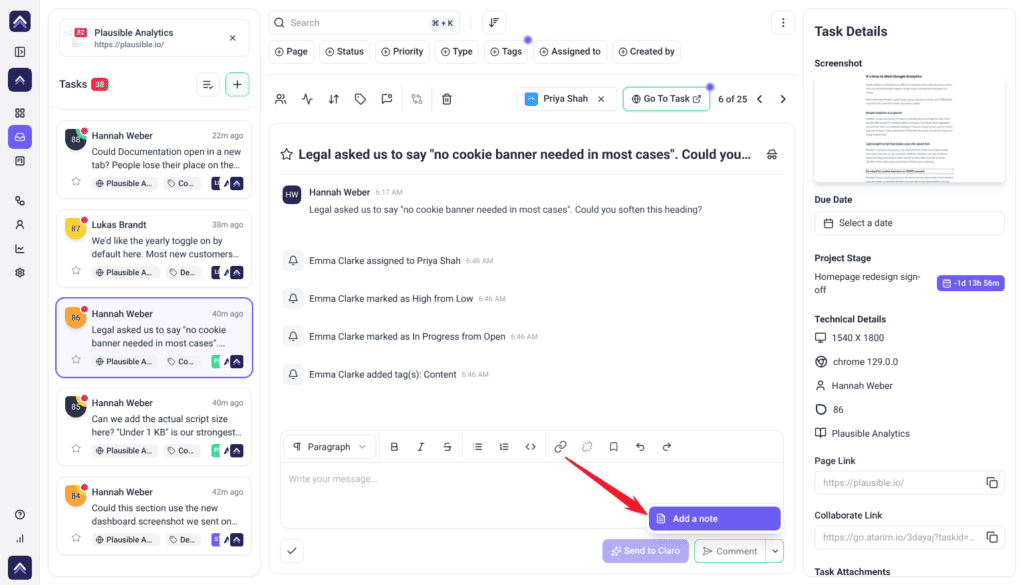 Comment dropdown on a task open in the Inbox, with Add a note highlighted