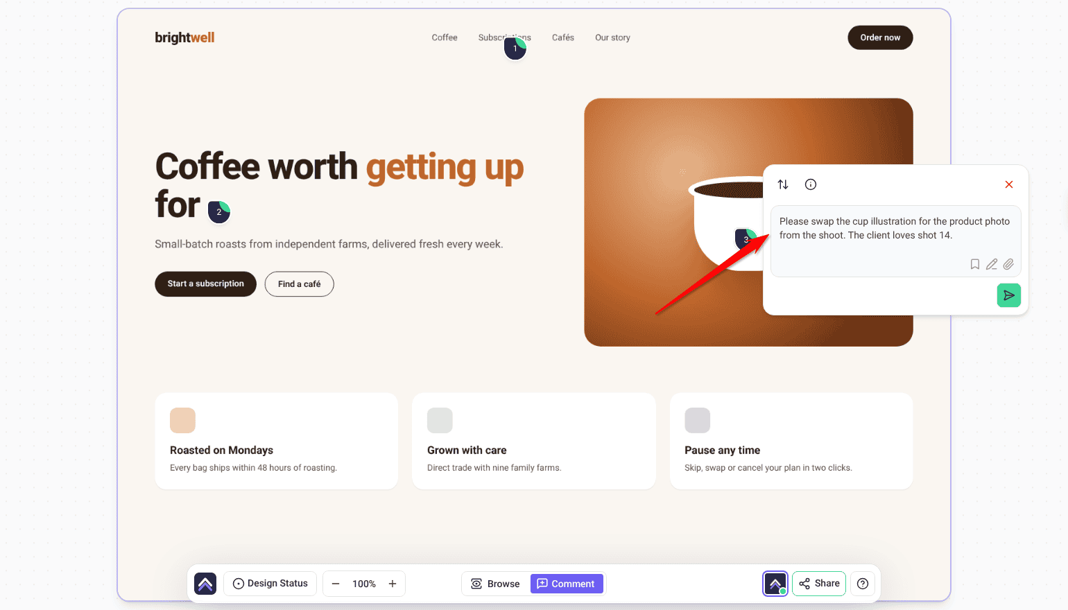 Comment box pinned to the cup image on the Brightwell homepage design