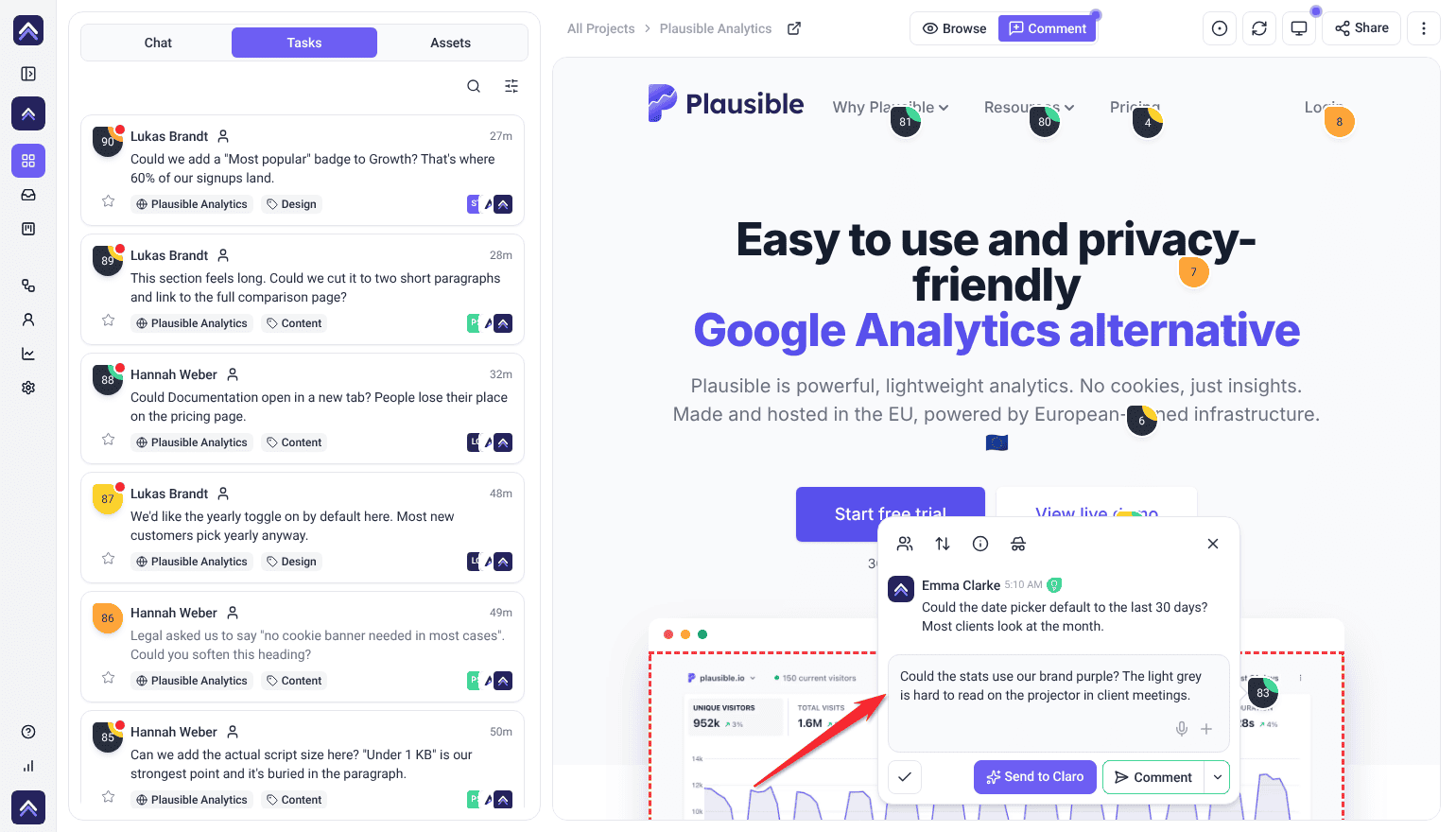 Comment box pinned to the free trial line on the Plausible homepage, with a comment typed