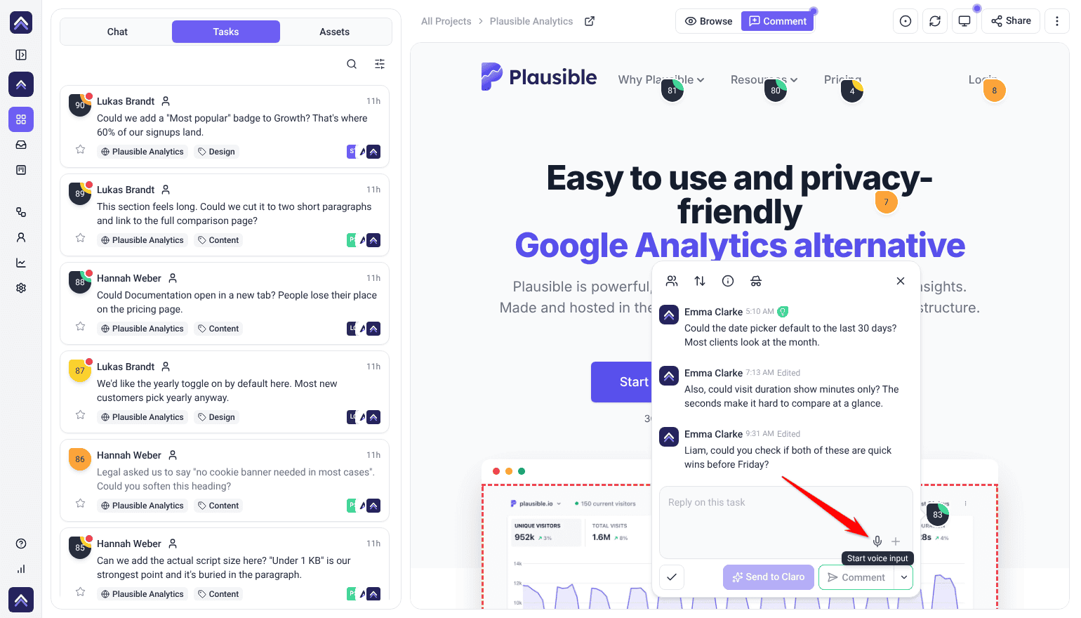 Comment box on the page with the Start voice input button highlighted
