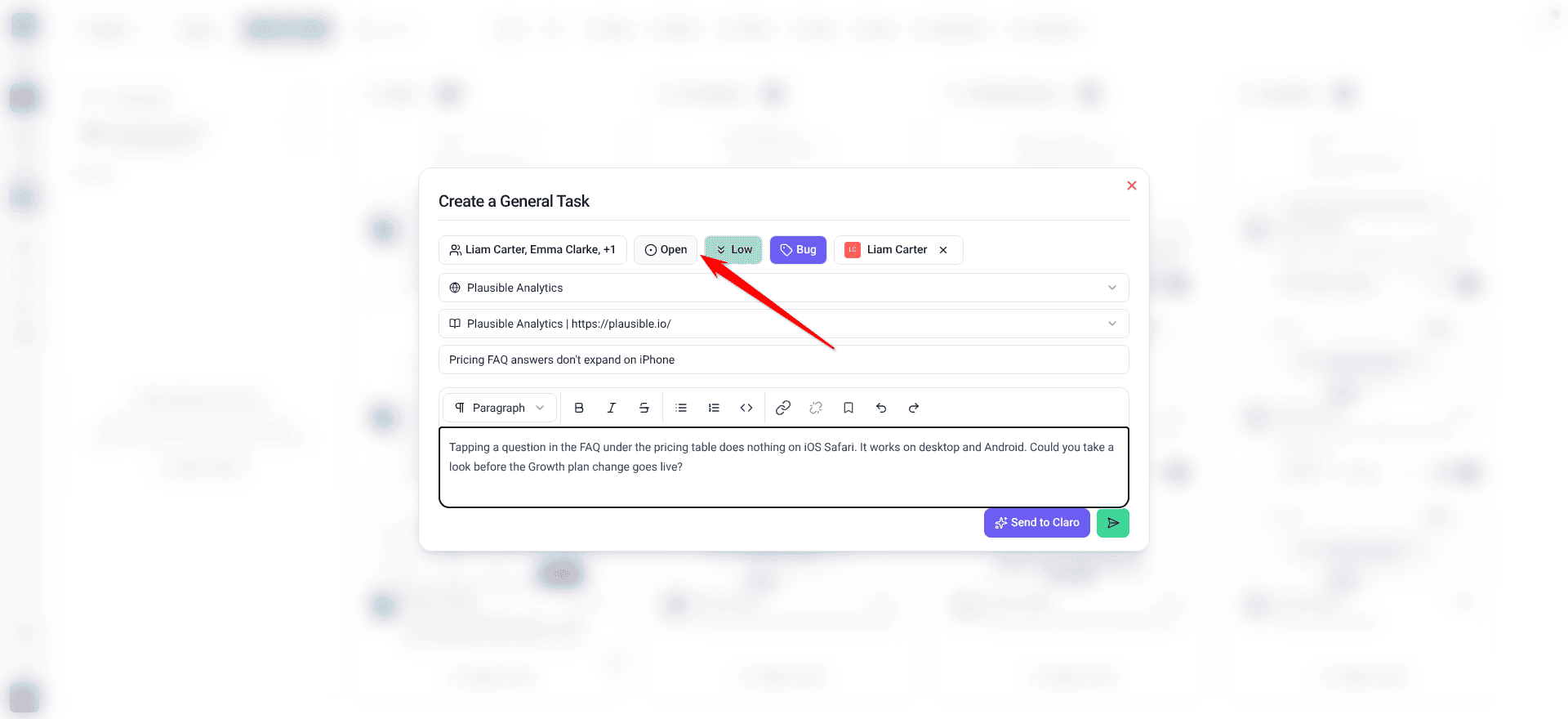 Create a General Task window opened from the Open column, with the status set to Open