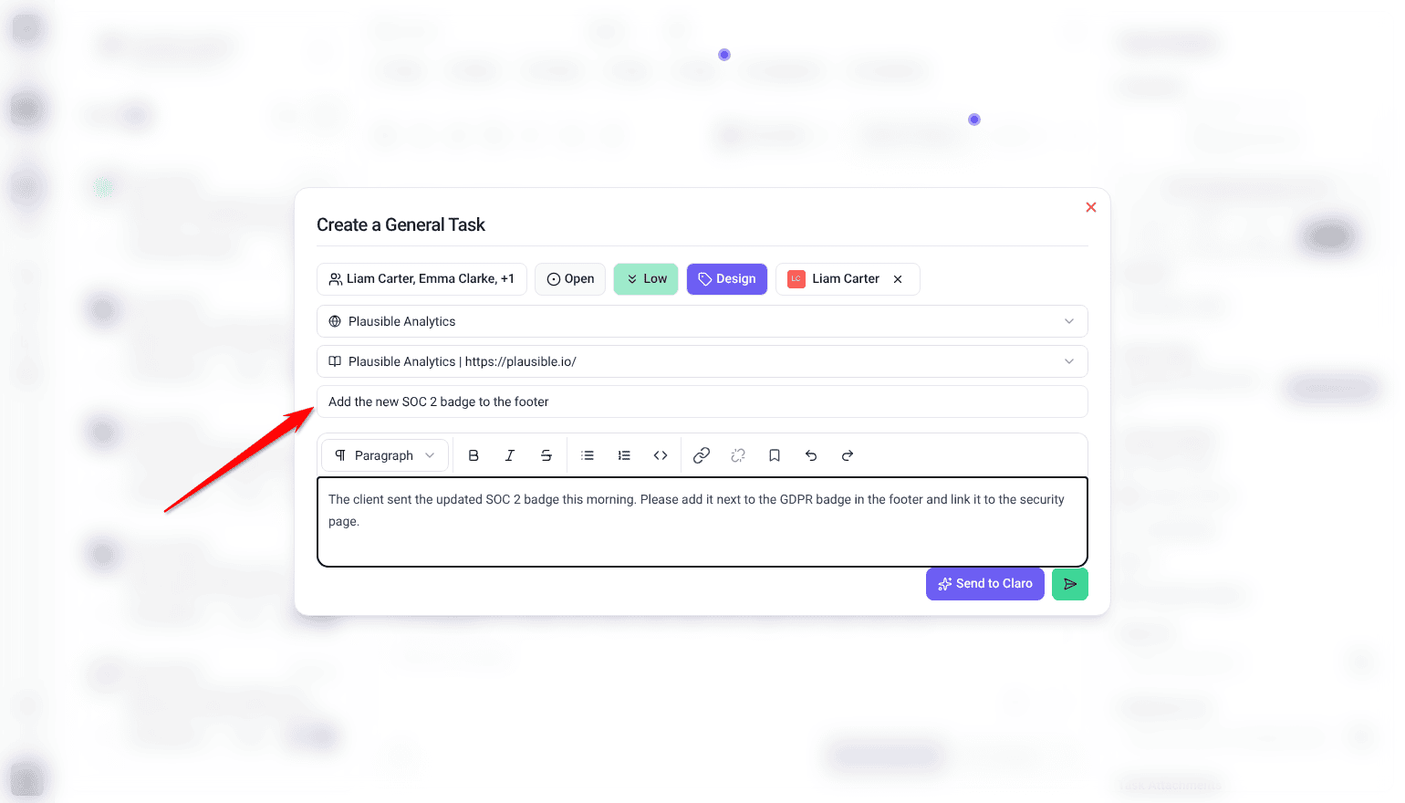 Create a General Task window filled in with a title, message, tag and assignee