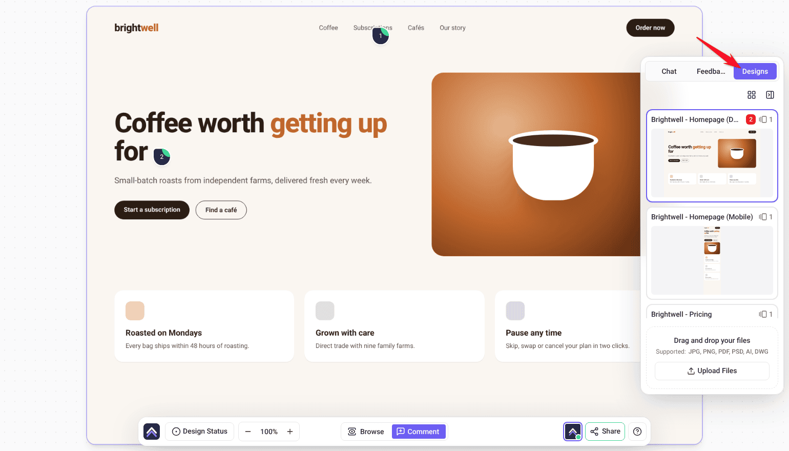 Brightwell Coffee design project on its canvas, with the Designs tab listing three designs