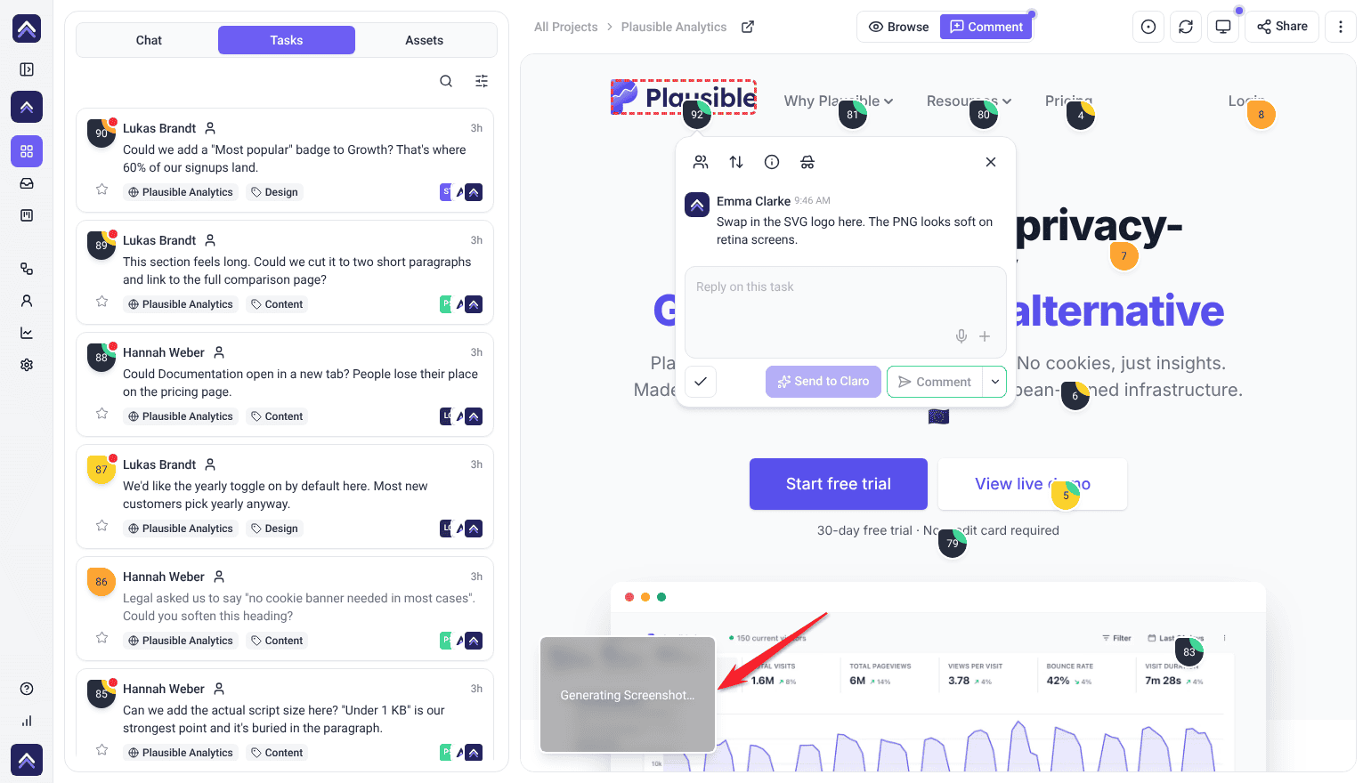 Generating Screenshot notice in the corner of the page after a comment is posted