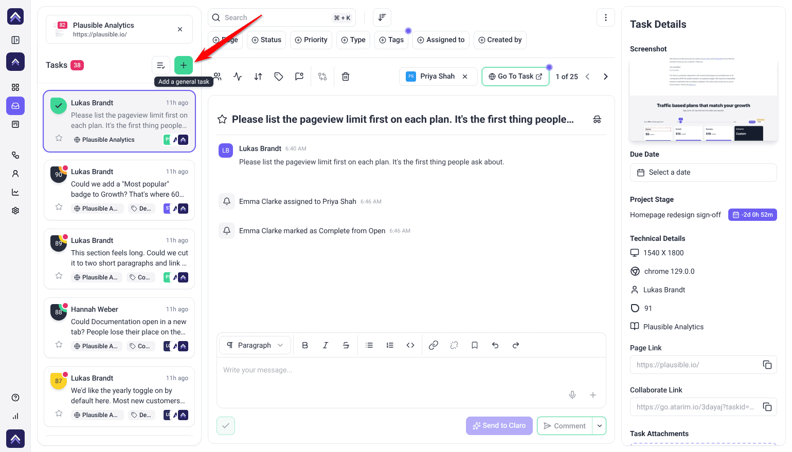 Inbox filtered to Plausible Analytics with the Add a general task button highlighted