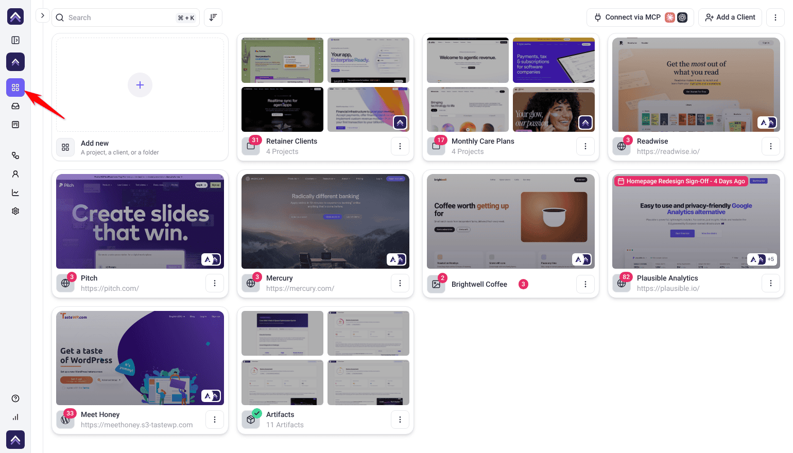 Projects screen with folders and project cards, and Projects selected in the left sidebar