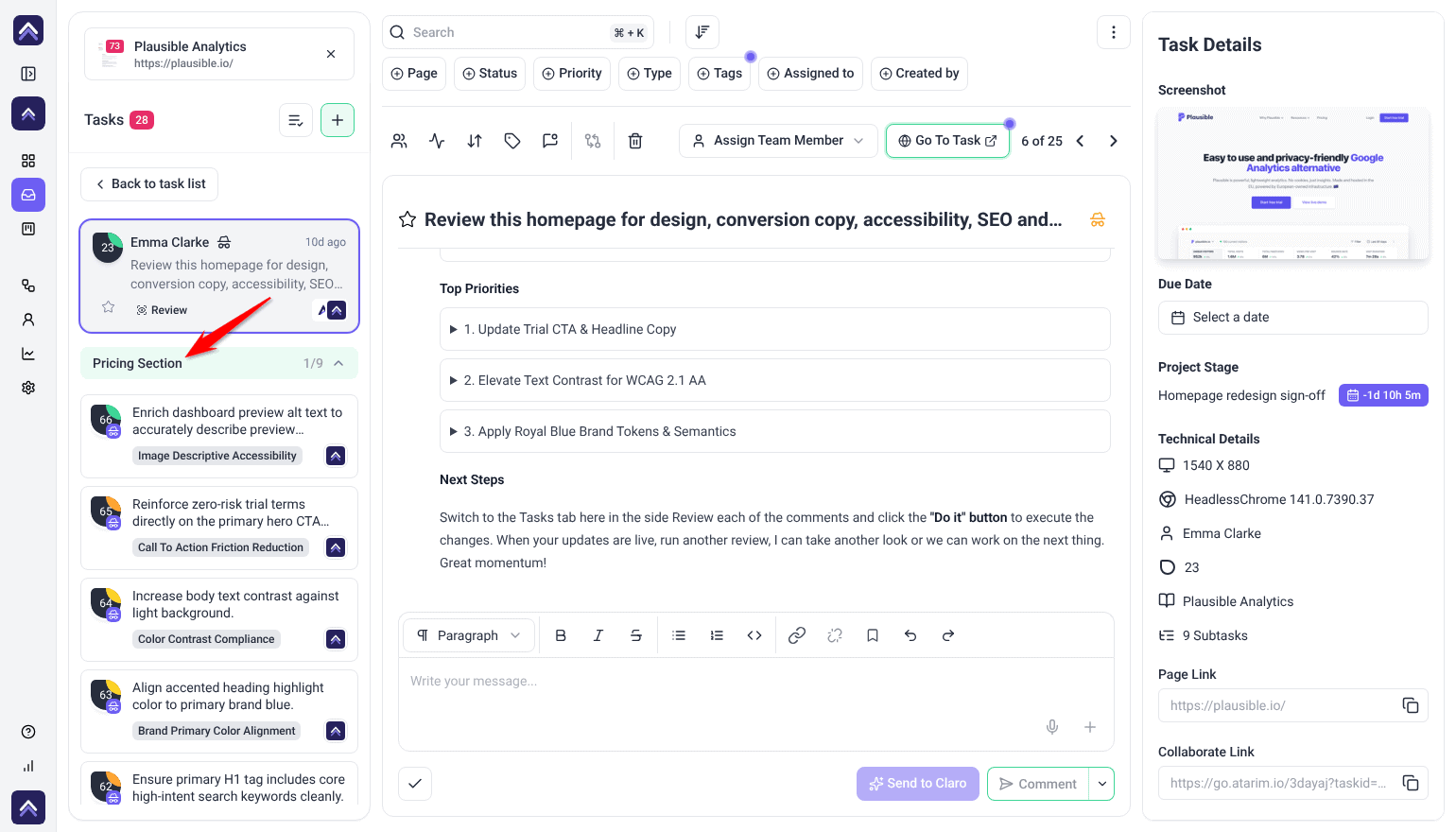 AI review task in the Inbox with its Pricing Section group of findings