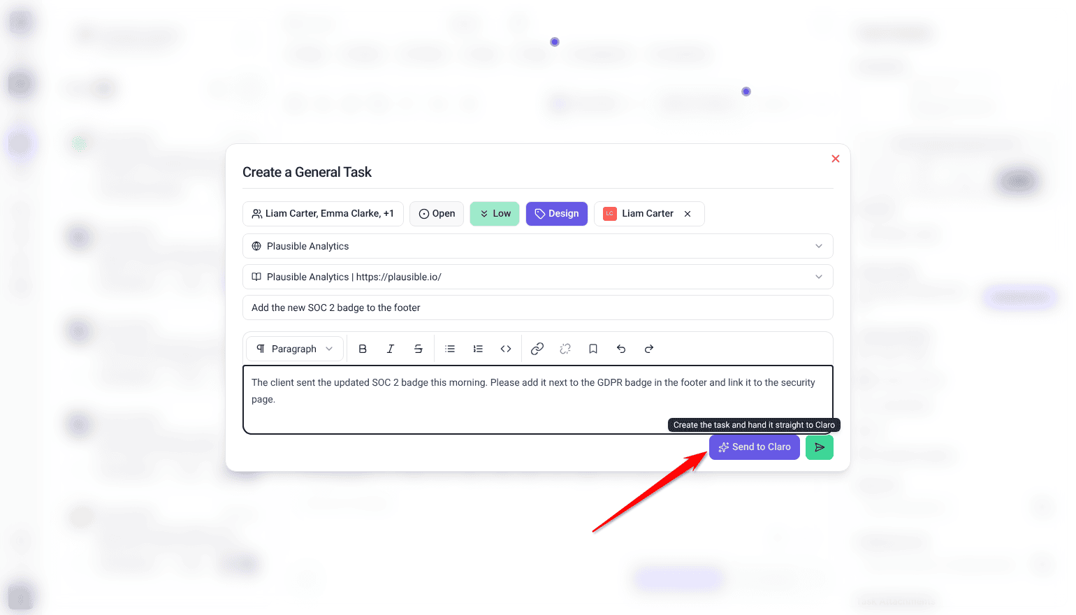 Create a General Task window with the Send to Claro button highlighted next to the send button