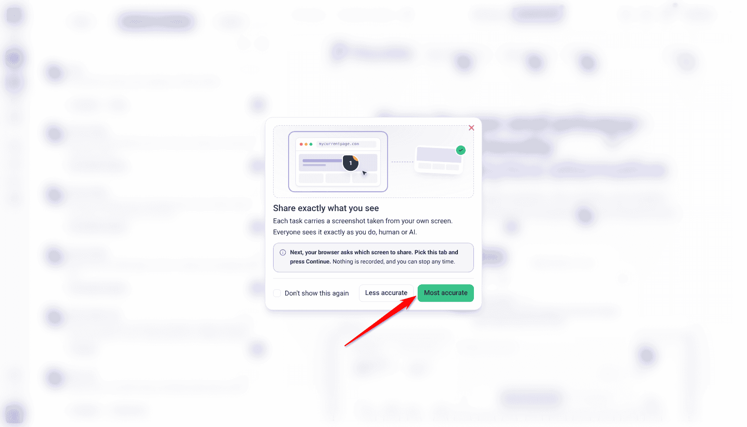 Share exactly what you see card with Less accurate and Most accurate buttons