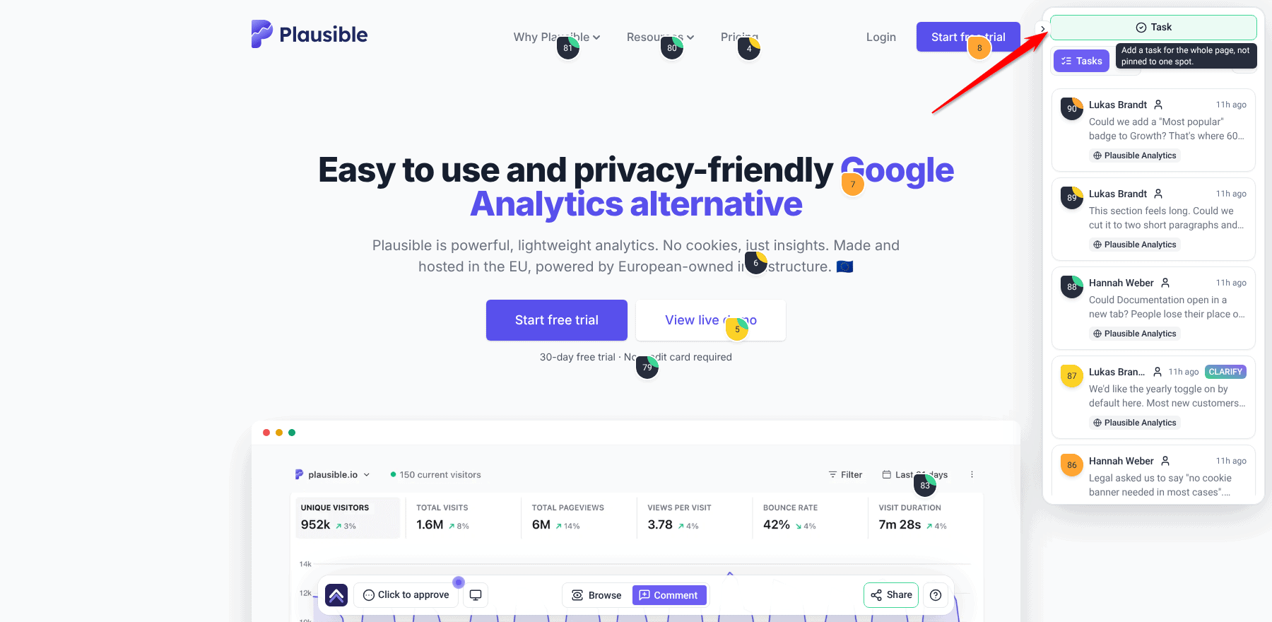 Atarim sidebar on the Plausible site with the Task button and its tooltip
