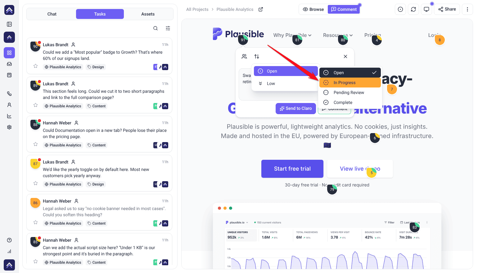 Status menu in a new comment with Open, In Progress, Pending Review and Complete