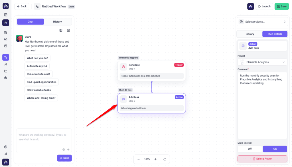 Workflow canvas with a Schedule trigger and an Add task step, its details on the right
