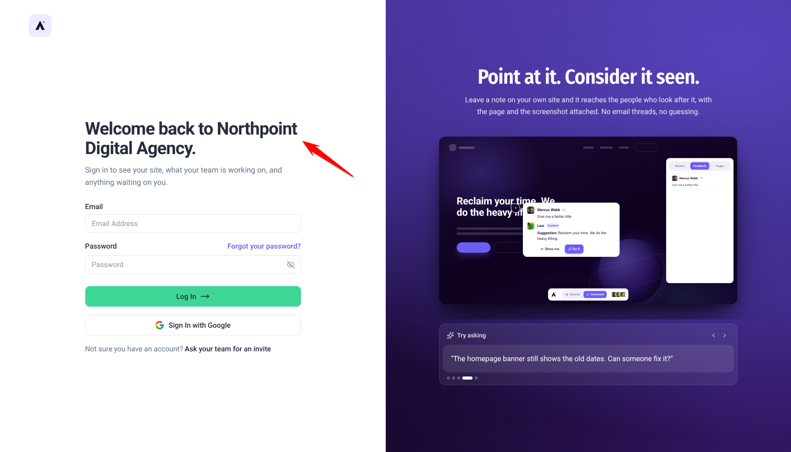 Sign-in page headed Welcome back to Northpoint Digital Agency, with Email, Password, Log In and Sign In with Google