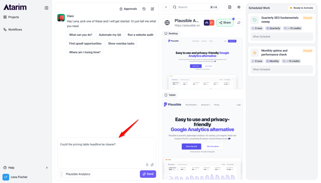 Plausible Analytics project dashboard with a request typed in the chat box, the page preview, and two paused workflows under Scheduled Work