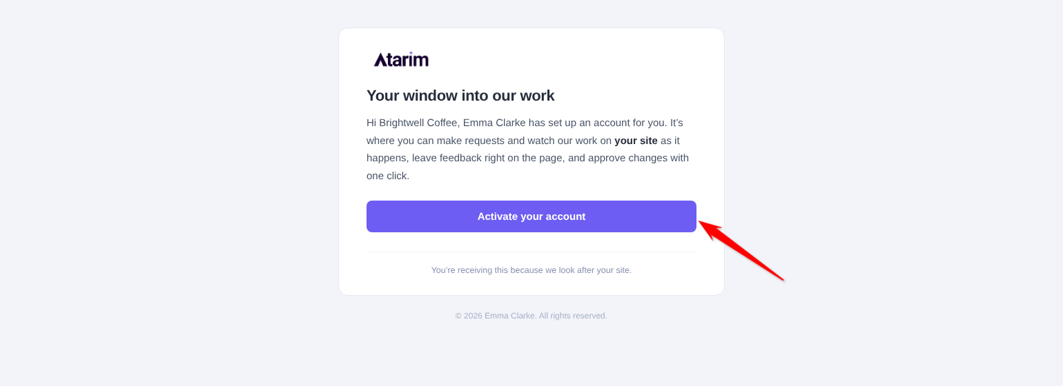 Invite email headed Your window into our work with the Activate your account button