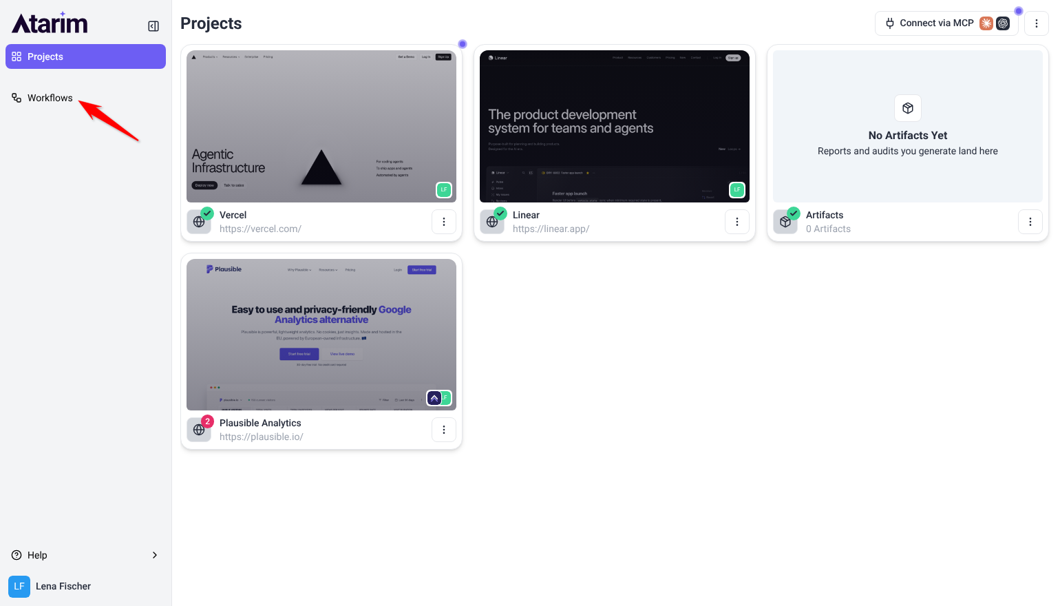 Website Owner Projects screen with Vercel, Linear, Artifacts and Plausible Analytics project cards, and a sidebar showing Projects and Workflows with Help at the bottom