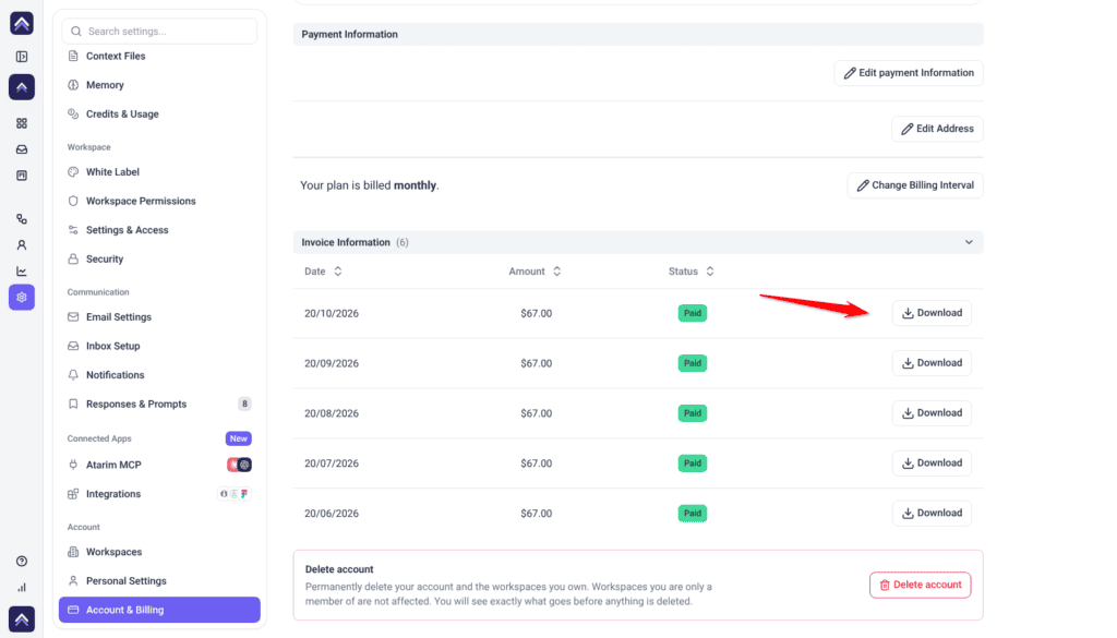 Invoice Information expanded in Account & Billing, listing monthly invoices with date, amount, Paid status and a Download button on each row; the arrow points at Download