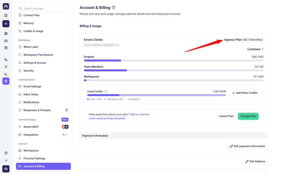Billing & Usage card with Licenses, usage meters and Used Credits, and the arrow on Agency Plan ($67/Monthly)