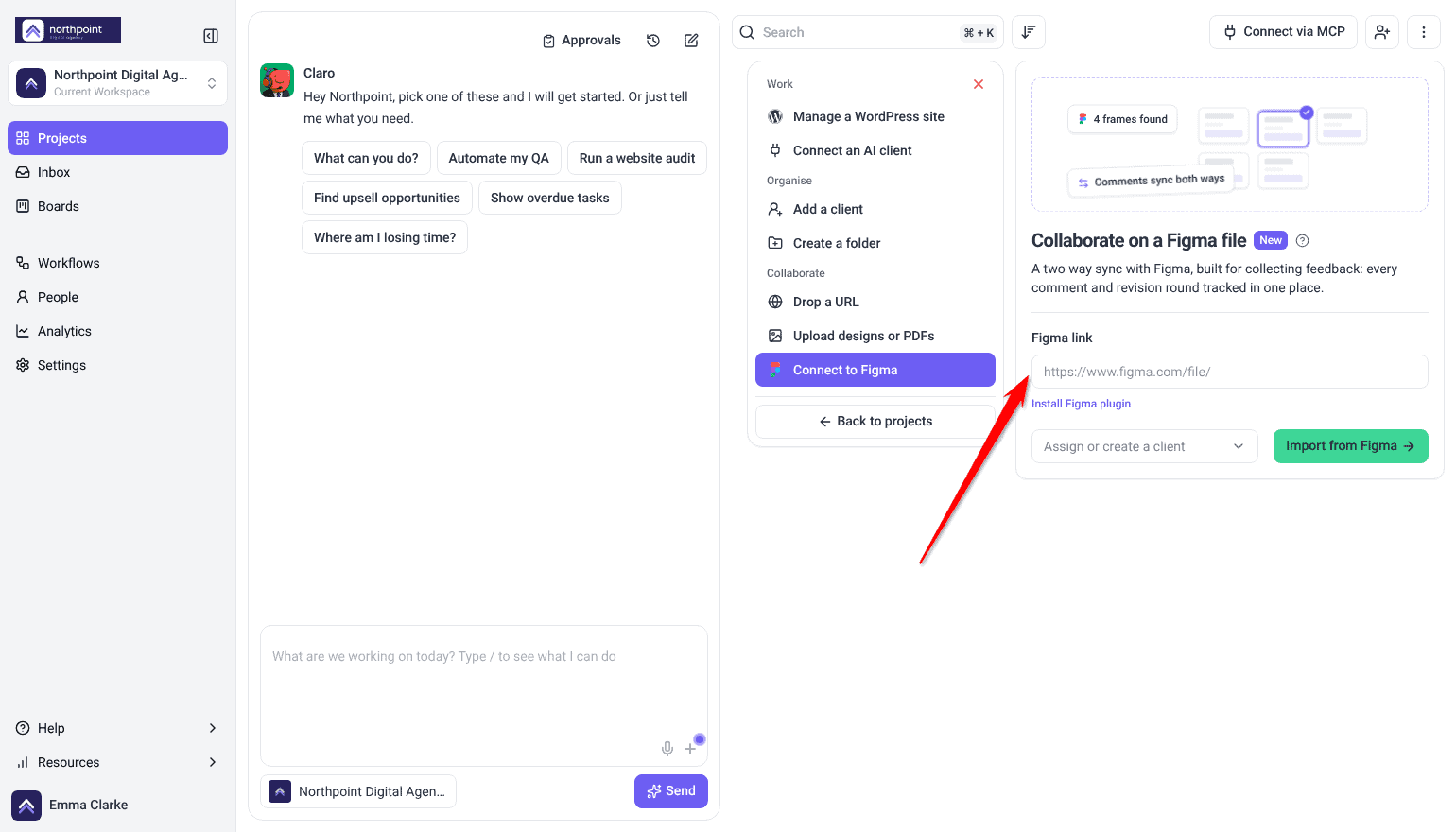 Add new menu with Connect to Figma selected and the Collaborate on a Figma file panel, the red arrow pointing at the Figma link field.