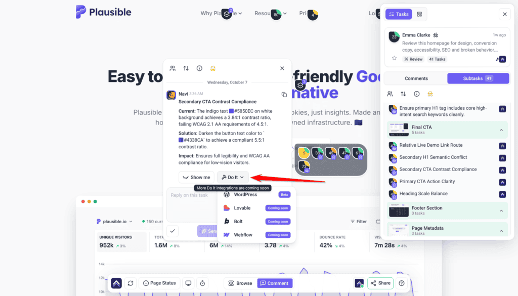 Navi's finding with Do It hovered, opening the list of WordPress (Beta), Lovable, Bolt and Webflow; the arrow points at Do It