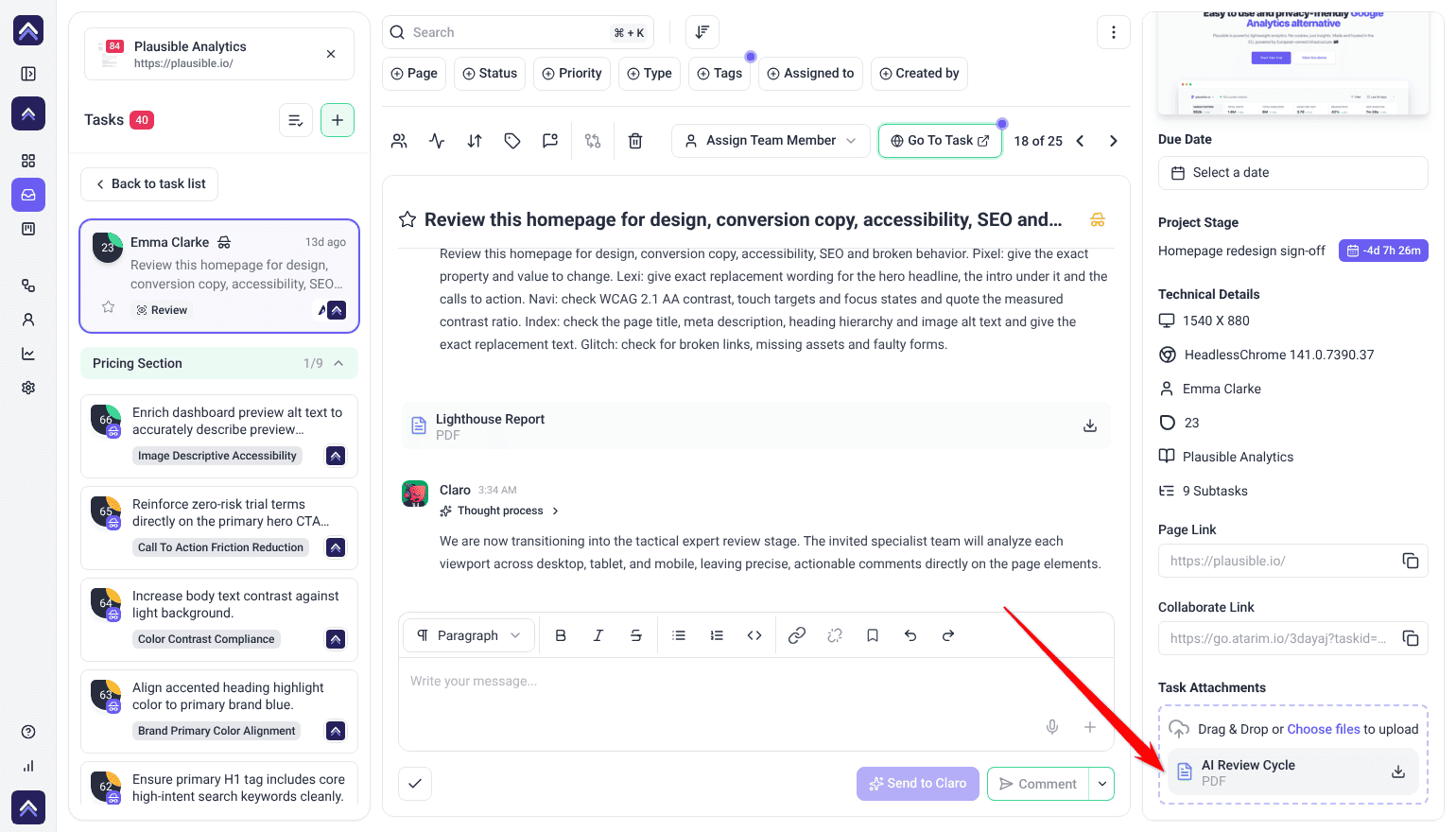 Inbox review task with a Lighthouse Report in the thread and AI Review Cycle under Task Attachments; the arrow points at it