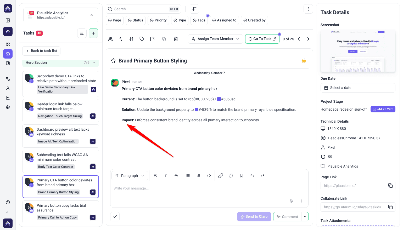 Inbox review task with Hero Section findings and Pixel's finding showing Current, Solution and Impact; the arrow points at Impact