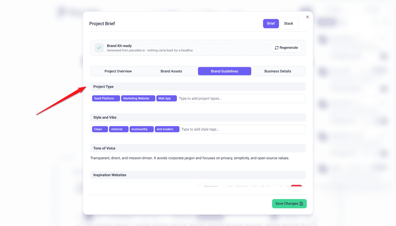 Project Brief dialog on the Brand Guidelines tab with Project Type, Style and Vibe and Tone of Voice; the arrow points at Project Type