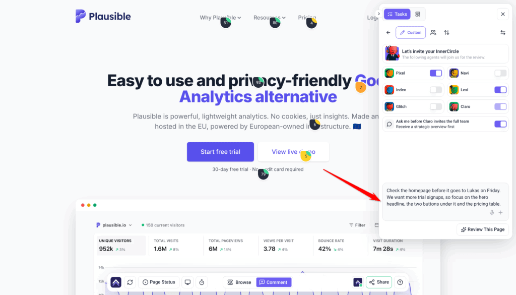 Review tab set to Custom with a description typed in What should we look at on this page?; the arrow points at the description box