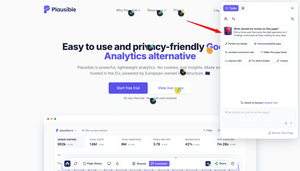 Review tab open in the Collaborate sidebar showing What should we review on this page? and the presets; the arrow points at that card