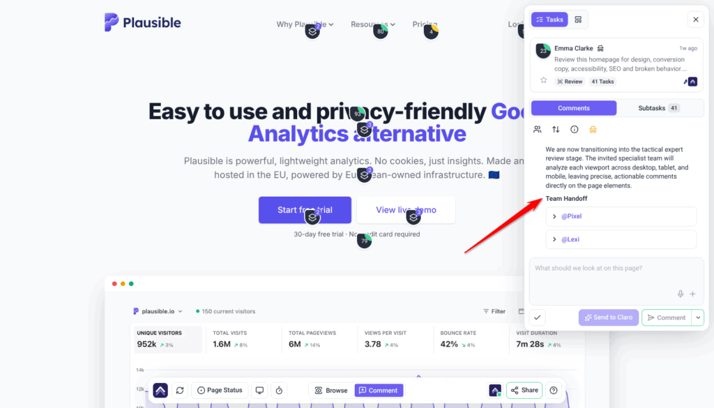 Review task Comments in the Collaborate sidebar with Claro's Team Handoff to @Pixel and @Lexi; the arrow points at Team Handoff