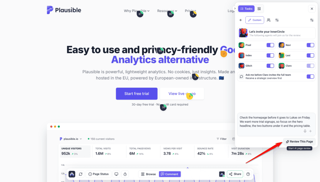 Review This Page hovered below the description, with the tooltip Start AI page review; the arrow points at the button