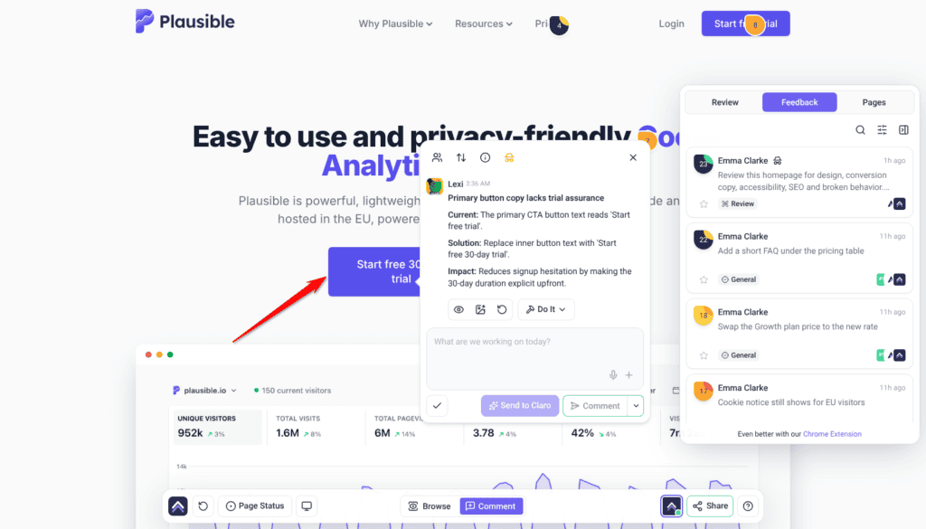 A finding's proposed change previewed on the page with Show me