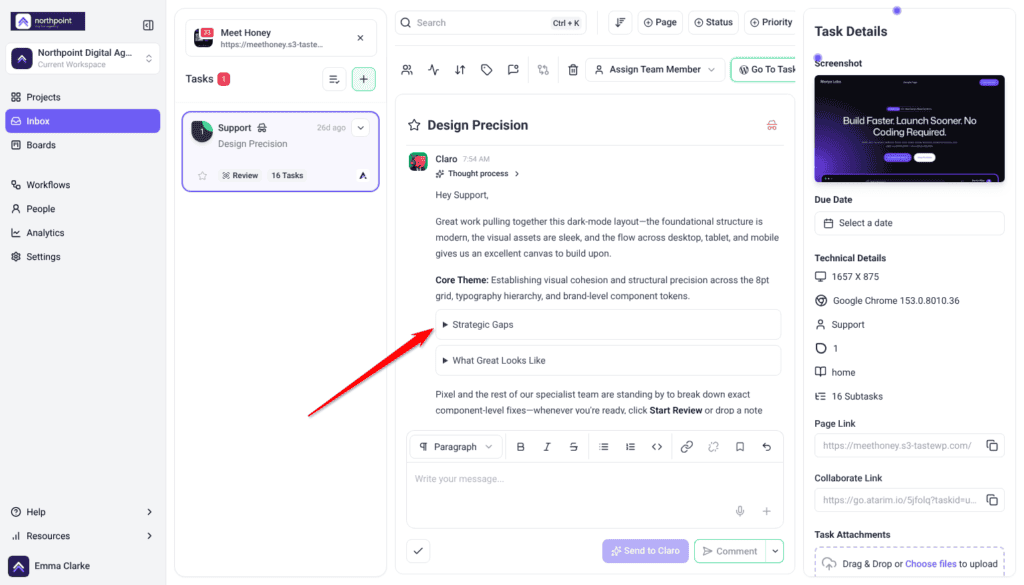Inbox review task with Claro's Strategic Overview: Core Theme, Strategic Gaps and What Great Looks Like