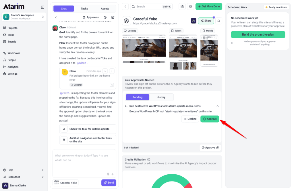 Approval panel with a pending WordPress change and Approve and Decline buttons
