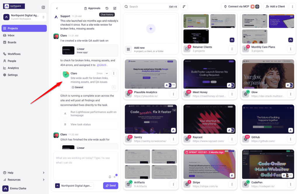 Workspace chat where Claro creates a site-wide audit task for broken links and assigns it to Glitch