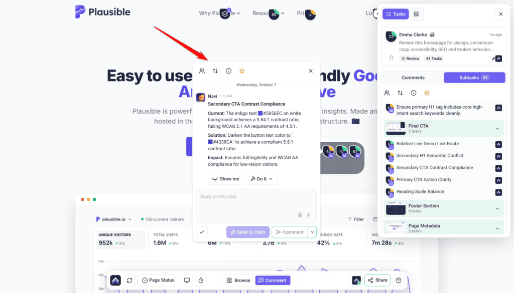 Navi's finding Secondary CTA Contrast Compliance with Current, Solution and Impact beside the Subtasks list; the arrow points at it