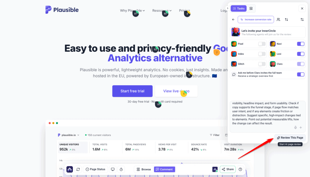 Increase conversion rate preset with Navi and Lexi switched on and Review This Page hovered; the arrow points at Review This Page