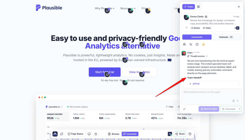 Review task thread in the Collaborate sidebar where Claro hands the review to the specialists; the arrow points at the Team Handoff heading